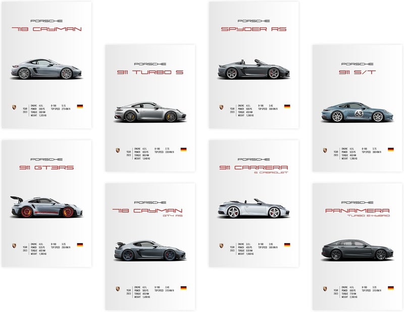 CodersParadise ملصقات حائط سيارات بورش الرياضية | مقاس 8×12 بوصة (A4) مطبوعات | فن حائط سيارات خارقة لغرفة النوم، غرفة المعيشة، المكتب وغرفة الطعام | ملصقات ورق كرتون سميك + نقاط لاصقة – مجموعة من 8 - Image 1