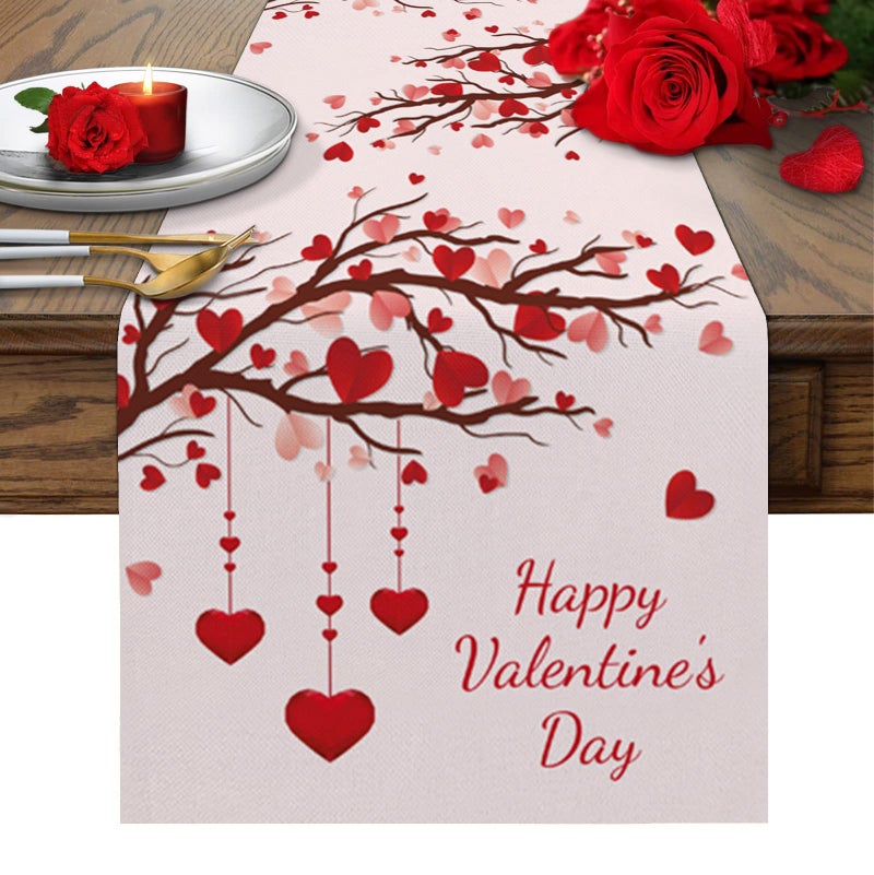 Crystal Emotion Valentines Day Table Runners 13x70inch, Pink, Cotton Linen Table Runner Cloth Dresser Scarves, Valentines Table Decorations for Coffee/Wedding/Holiday/Party/Dining, Romantic Love Heart Tree - Image 1