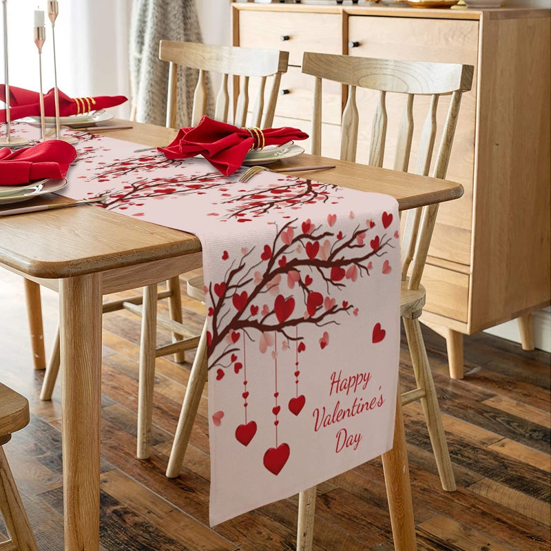Crystal Emotion Valentines Day Table Runners 13x70inch, Pink, Cotton Linen Table Runner Cloth Dresser Scarves, Valentines Table Decorations for Coffee/Wedding/Holiday/Party/Dining, Romantic Love Heart Tree - Image 4