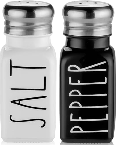Brighter Barns Salt and Pepper Shakers Set by Brighter Barns - Cute Modern Farmhouse Kitchen Decor for Home Restaurants Wedding - Gorgeous Vintage Glass Black White Shaker Sets with Stainless Steel Lids - Image 1