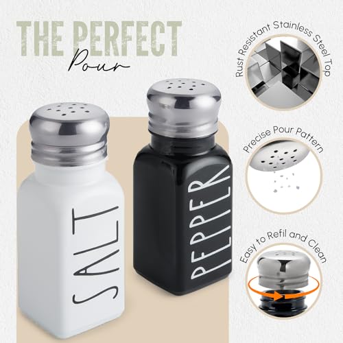 Brighter Barns Salt and Pepper Shakers Set by Brighter Barns - Cute Modern Farmhouse Kitchen Decor for Home Restaurants Wedding - Gorgeous Vintage Glass Black White Shaker Sets with Stainless Steel Lids - Image 3