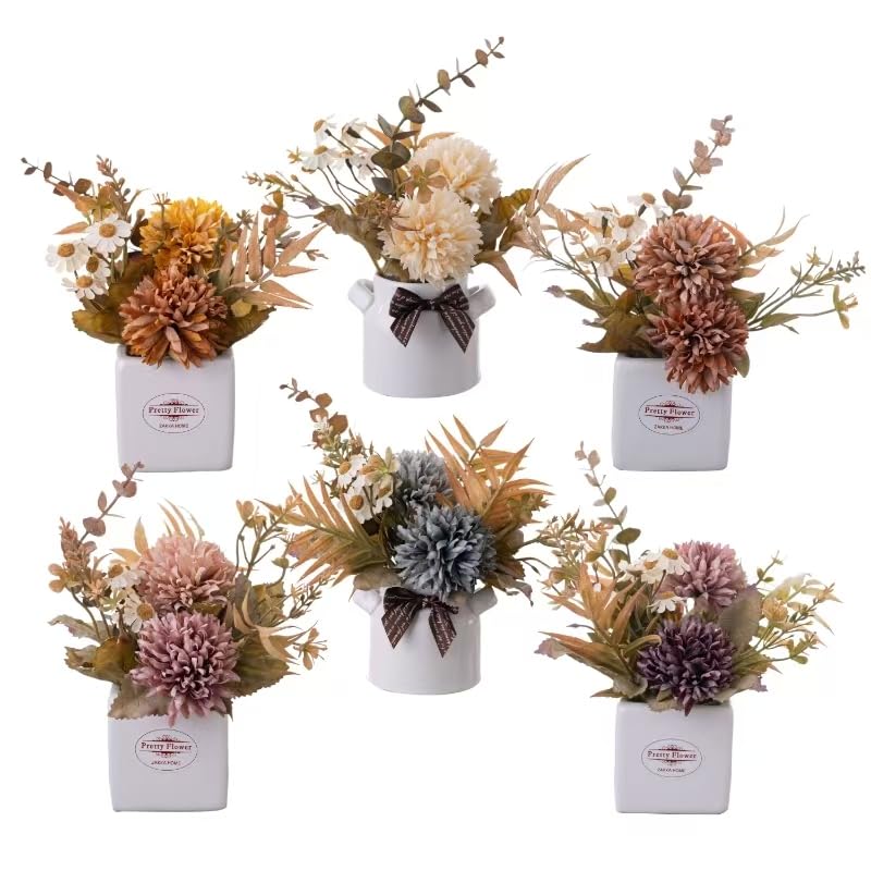 LUEUR 6PCS Artificial Fall Flowers with Ceramic Vase â€“ Mini Fake Flowers in Assorted Colors â€“ Faux Autumn Floral Arrangment, Farmhouse Decor, Table Centerpiece, Fall Decorations for Home, Office - Image 1