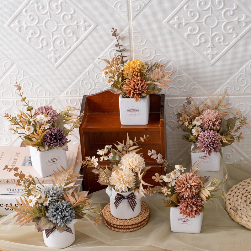 LUEUR 6PCS Artificial Fall Flowers with Ceramic Vase â€“ Mini Fake Flowers in Assorted Colors â€“ Faux Autumn Floral Arrangment, Farmhouse Decor, Table Centerpiece, Fall Decorations for Home, Office - Image 2