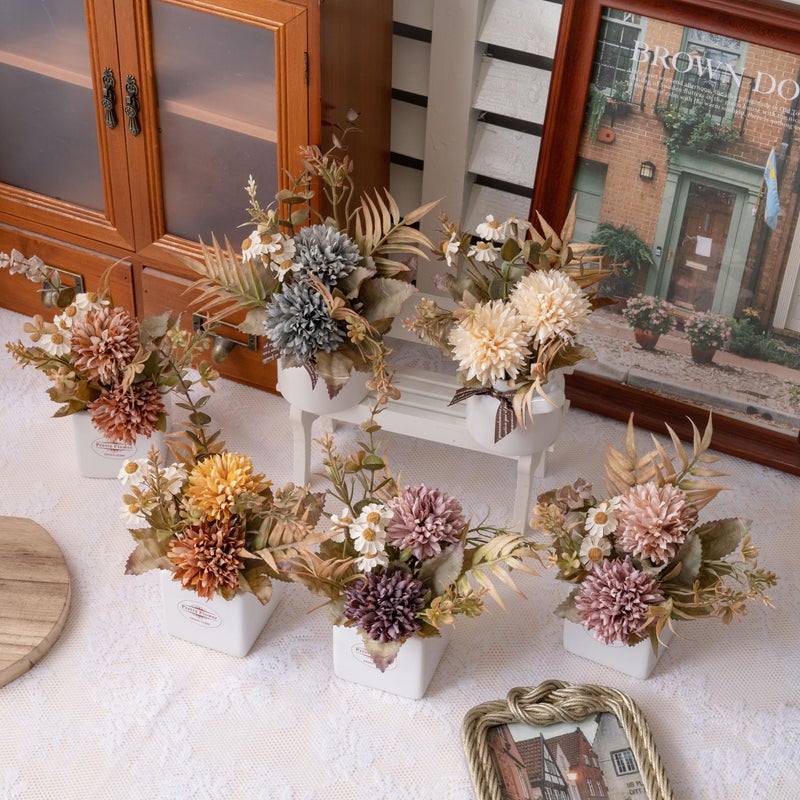 LUEUR 6PCS Artificial Fall Flowers with Ceramic Vase â€“ Mini Fake Flowers in Assorted Colors â€“ Faux Autumn Floral Arrangment, Farmhouse Decor, Table Centerpiece, Fall Decorations for Home, Office - Image 5