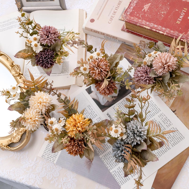 LUEUR 6PCS Artificial Fall Flowers with Ceramic Vase â€“ Mini Fake Flowers in Assorted Colors â€“ Faux Autumn Floral Arrangment, Farmhouse Decor, Table Centerpiece, Fall Decorations for Home, Office - Image 4