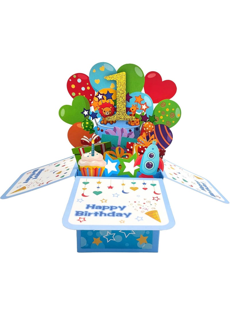 ZOOYOO ZOOYOO Happy 1st Birthday Card3D Pop Up First Birthday Greeting Card for Baby BoySonGrandsonNephew with 1 Envelop1 Message CardBlue  - Image 1