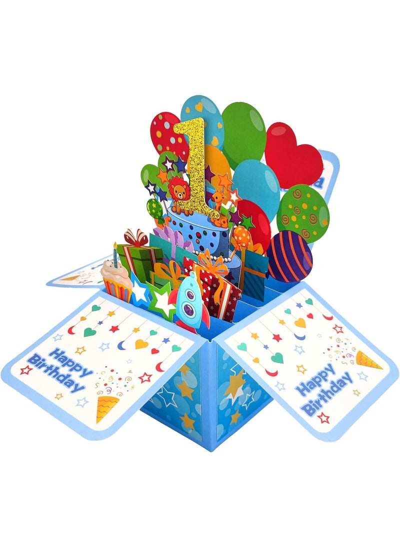ZOOYOO ZOOYOO Happy 1st Birthday Card3D Pop Up First Birthday Greeting Card for Baby BoySonGrandsonNephew with 1 Envelop1 Message CardBlue  - Image 2