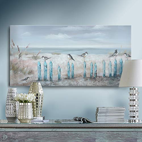 amatop Ocean Beach Wall Art 3D Framed Hand-Painted Seascape Oil Painting Perching Bird Canvas Artwork 'The Tranquility by The Sea Shore' for Living Room Bedroom Decor Coastal Blue - Image 1