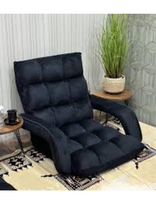 SMART HOME Luxury Folding Floor Chair with Armrest – Comfortable Velvet Fabric Recliner Chair for Relaxing and Camping, Comfortable Back Support, Folds Easily for Storage, Ideal for Living Rooms, Gaming, and Picnics, 60 x 54 x 54 cm, Black - Image 1