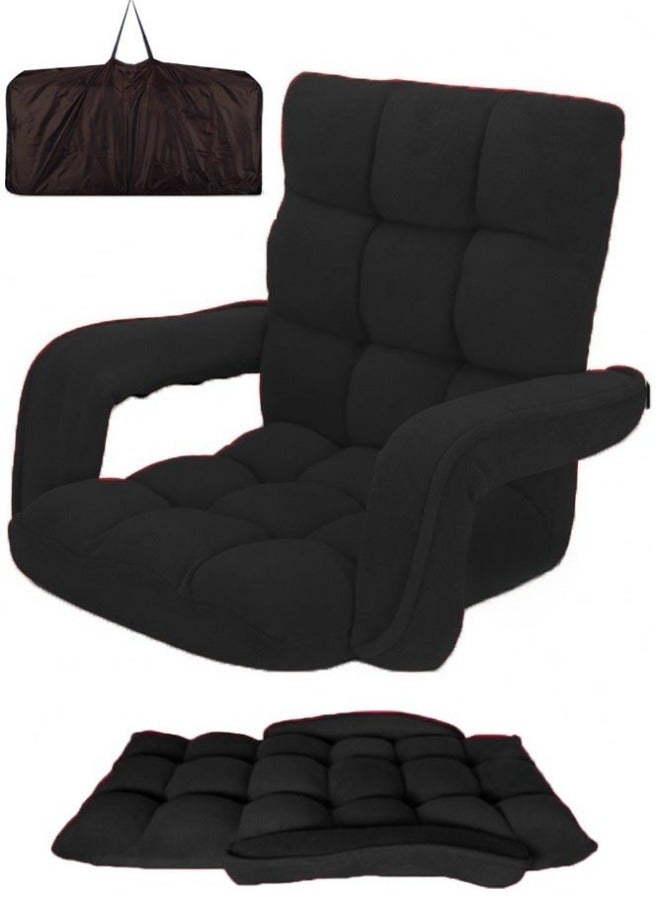 SMART HOME Luxury Folding Floor Chair with Armrest – Comfortable Velvet Fabric Recliner Chair for Relaxing and Camping, Comfortable Back Support, Folds Easily for Storage, Ideal for Living Rooms, Gaming, and Picnics, 60 x 54 x 54 cm, Black - Image 2