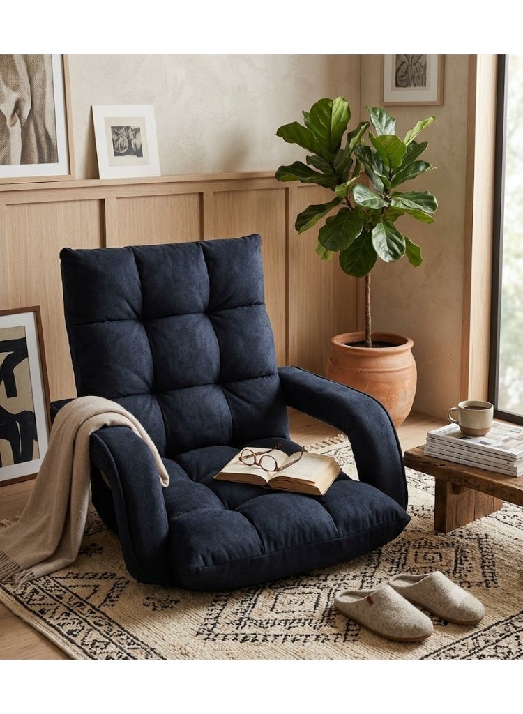 SMART HOME Luxury Folding Floor Chair with Armrest – Comfortable Velvet Fabric Recliner Chair for Relaxing and Camping, Comfortable Back Support, Folds Easily for Storage, Ideal for Living Rooms, Gaming, and Picnics, 60 x 54 x 54 cm, Black - Image 1