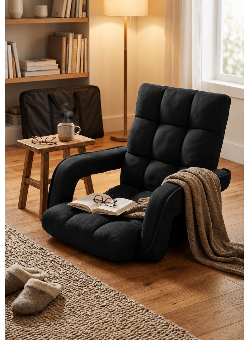 SMART HOME Luxury Folding Floor Chair with Armrest – Comfortable Velvet Fabric Recliner Chair for Relaxing and Camping, Comfortable Back Support, Folds Easily for Storage, Ideal for Living Rooms, Gaming, and Picnics, 60 x 54 x 54 cm, Black - Image 2