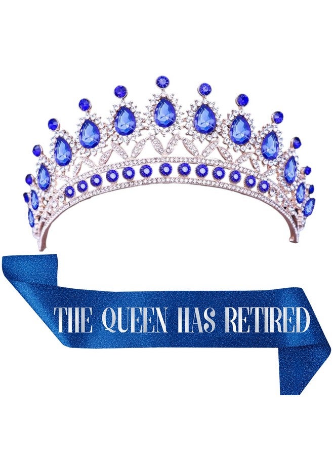 JPACO Retirement Tiara & Sash Set - The Queen Has Retired Sash and Crown with Rhinestones for Women & Large Gold Safety Metal Pin. Great for Retirement Party & Events (Blue) - Image 1