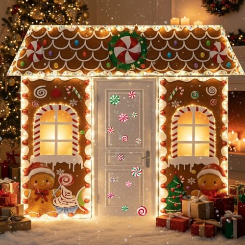 besttideyes Christmas Decorations Gingerbread Man Scene Gingerbread Man House Backdrops Long LED String Light Candy Stickers Christmas Backdrop for Party Wall Deco - Image 5
