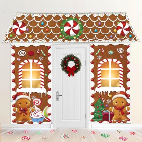 besttideyes Christmas Decorations Gingerbread Man Scene Gingerbread Man House Backdrops Long LED String Light Candy Stickers Christmas Backdrop for Party Wall Deco - Image 1