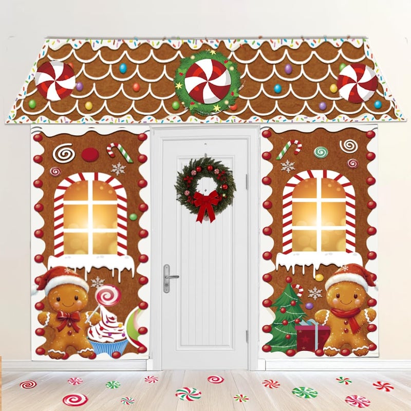 besttideyes Christmas Decorations Gingerbread Man Scene Gingerbread Man House Backdrops Long LED String Light Candy Stickers Christmas Backdrop for Party Wall Deco - Image 3