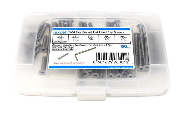 iexcell 50 Pcs M4 x 2025303540 Stainless Steel 304 Hex Socket Flat Head Cap Screws Bolts Assortment Kit