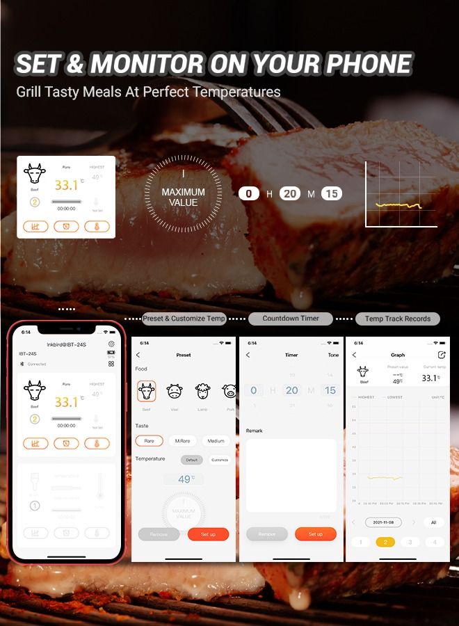 إنك بيرد ترمومتر اللحم INKBIRD مع 4 مجسات ملونة درجة حرارة البلوتوث الرسم البياني في الوقت الحقيقي فحص وتحميل ميزان حرارة الشواية القابلة لإعادة الشحن مسافة 50 متر لاسلكي للمطبخ الغذاء ترمومتر IBT -24S - Image 3