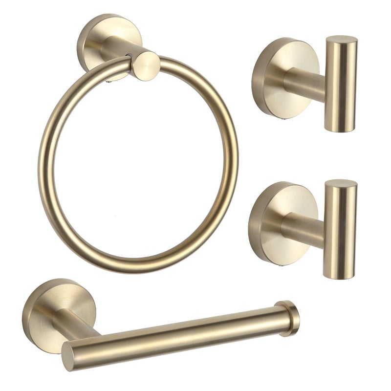 Orlif 4 PCS Bathroom Hardware SetBrushed Gold SUS304 Stainless Steel Wall Mounted Bathroom Accessories Gold Kit Include Hand Towel RingBrushed Gold Toilet Paper Holderand 2 Robe Towel Hooks