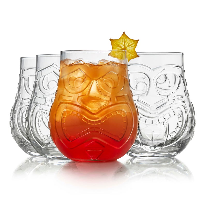Libbey Tiki Split Glass Tumbler Set, Vintage-Style Quirky Drinking Glasses Set of 4, Exotic, Tall Drinking Glass Cups for Backyard Luau or Pool Party - Image 1