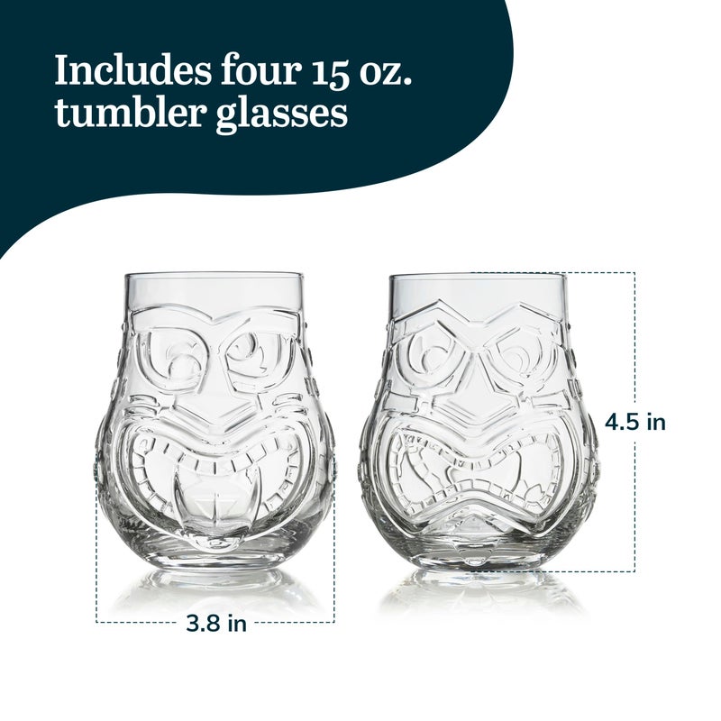 Libbey Tiki Split Glass Tumbler Set, Vintage-Style Quirky Drinking Glasses Set of 4, Exotic, Tall Drinking Glass Cups for Backyard Luau or Pool Party - Image 3