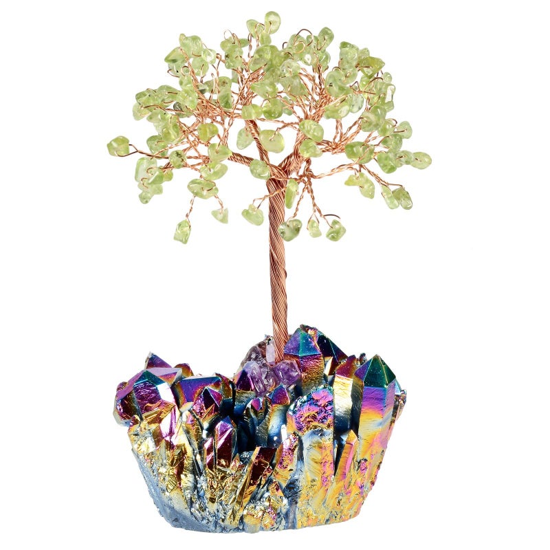 moonsix Healing Crystal Tree with Rainbow Titanium Coated Rock Quartz Cluster Base Lucky Money Bonsai Feng Shui Tree Peridot