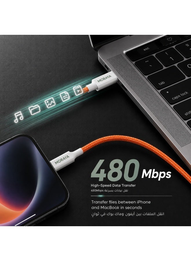 MORAYA | VECTOR-03 | Type-C to Type-C Fast Charging Cable 60W, 1M Braided USB-C PD Cable | Super Fast Charge & Data Sync | Durable Nylon Braided, Low-Resistance Stable Charging - Orange - Image 3