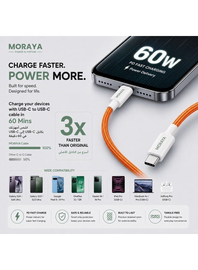 MORAYA | VECTOR-03 | Type-C to Type-C Fast Charging Cable 60W, 1M Braided USB-C PD Cable | Super Fast Charge & Data Sync | Durable Nylon Braided, Low-Resistance Stable Charging - Orange - Image 2