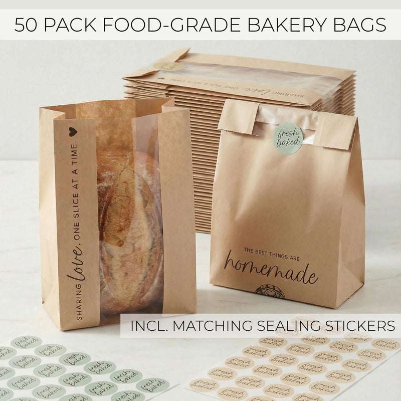 KIBAGA Beautiful Bread Bags for Homemade Bread - Clear Window Bags Keep Your Sourdough Loaves Fresh for Days & are Great for Gifting Homemade Bread - Perfectly Sized Bakery Paper Packaging for Baked Goods - Image 3