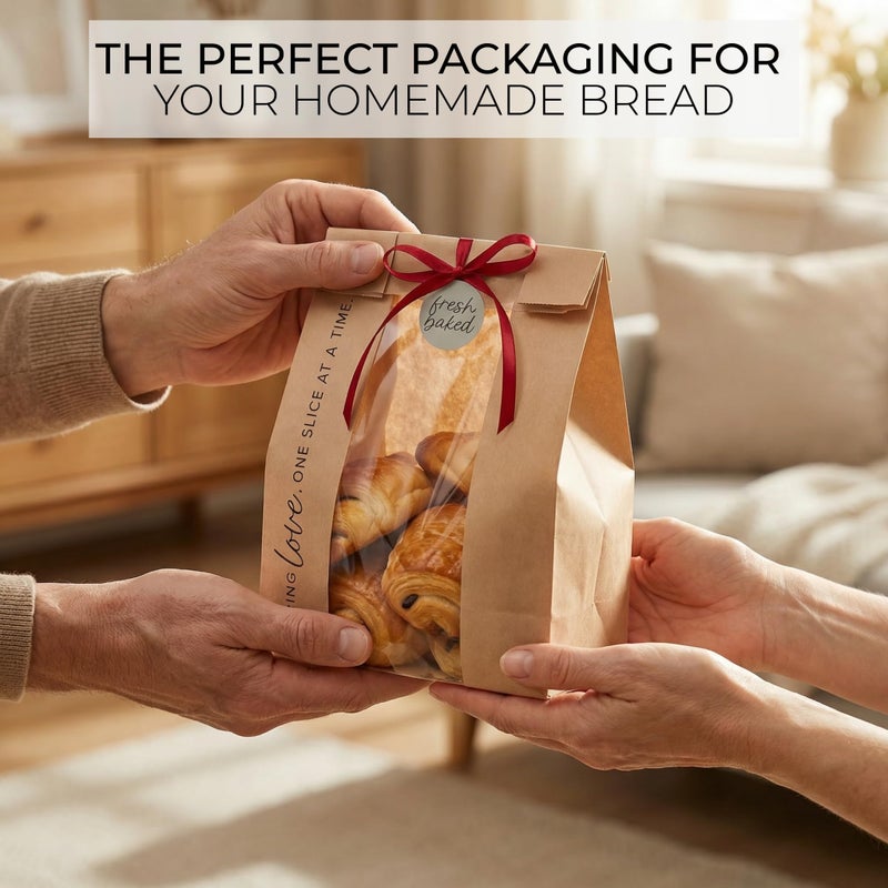 KIBAGA Beautiful Bread Bags for Homemade Bread - Clear Window Bags Keep Your Sourdough Loaves Fresh for Days & are Great for Gifting Homemade Bread - Perfectly Sized Bakery Paper Packaging for Baked Goods - Image 4