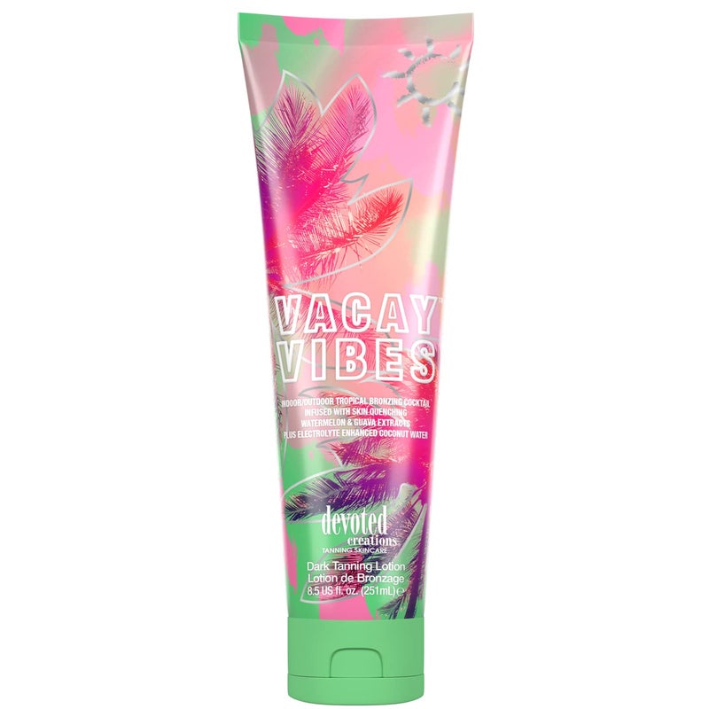 Devoted Creations Vacay Vibes Tanning Lotion â€“ Indoor/Outdoor Tropical Bronzing Cocktail Infused with Skin Quenching Watermelon and Guava Extracts, plus Electrolyte Enhanced Coconut Water â€“ 8.5 oz. - Image 1