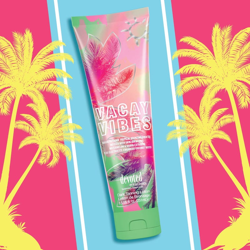 Devoted Creations Vacay Vibes Tanning Lotion â€“ Indoor/Outdoor Tropical Bronzing Cocktail Infused with Skin Quenching Watermelon and Guava Extracts, plus Electrolyte Enhanced Coconut Water â€“ 8.5 oz. - Image 3