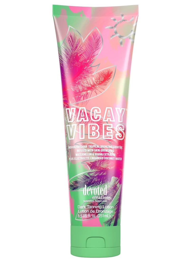 Devoted Creations Vacay Vibes Tanning Lotion – Indoor/Outdoor Tropical Bronzing Cocktail Infused with Skin Quenching Watermelon and Guava Extracts, plus Electrolyte Enhanced Coconut Water – 8.5 oz.