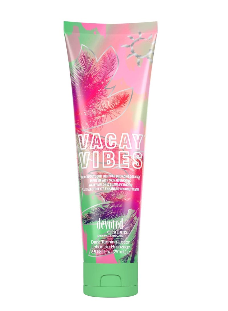 Devoted Creations Vacay Vibes Tanning Lotion – Indoor/Outdoor Tropical Bronzing Cocktail Infused with Skin Quenching Watermelon and Guava Extracts, plus Electrolyte Enhanced Coconut Water – 8.5 oz.