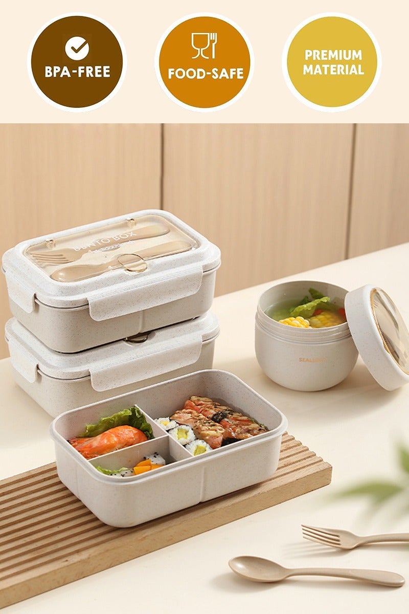 DPTER Bento Box, 3 Compartments 1200ml Lunch Box For Kids and Adults with Reusable Spoon and Fork, Leakproof Food Container for On the Go Meal, Microwave Safe (Beige) - Image 2
