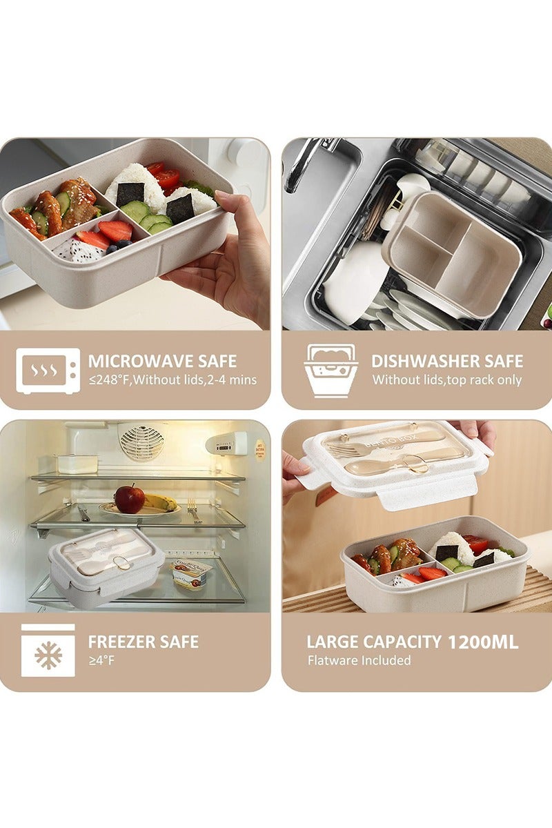 DPTER Bento Box, 3 Compartments 1200ml Lunch Box For Kids and Adults with Reusable Spoon and Fork, Leakproof Food Container for On the Go Meal, Microwave Safe (Beige) - Image 4