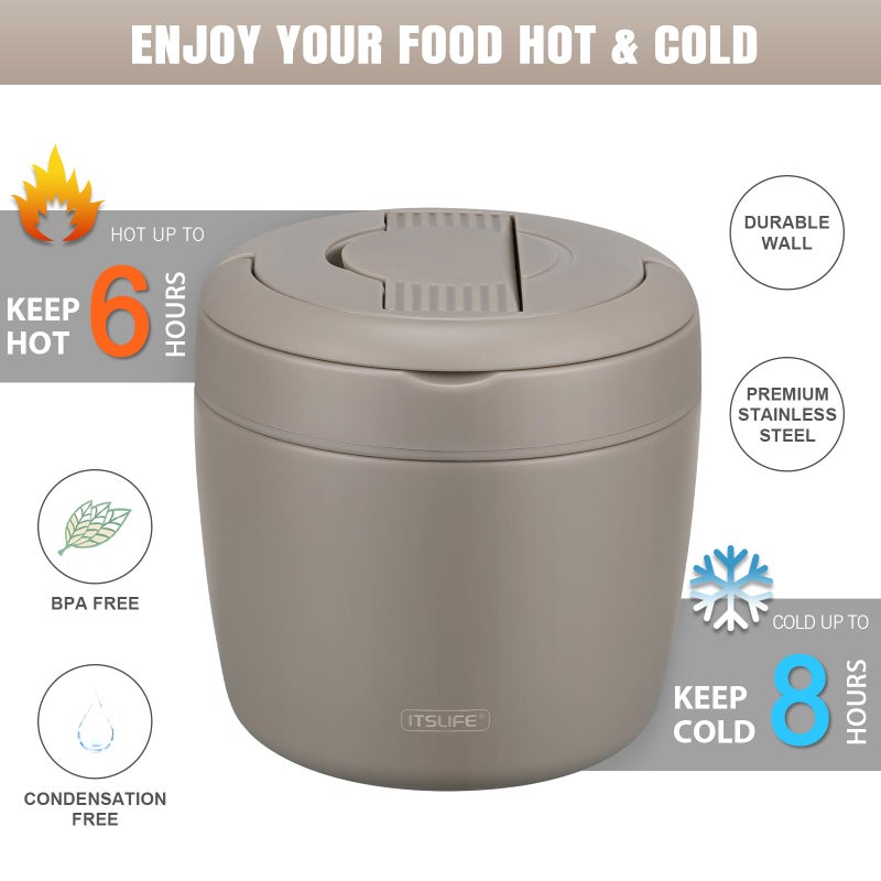 ITSLIFE Soup Thermo for Hot Food Insulated Food Jar 32oz, Vacuum Insulated Stainless Steel Lunch Container - Wide Mouth Thermo for Soup & Food, Leakproof Bento Box with Spoon(Khaki) - Image 3