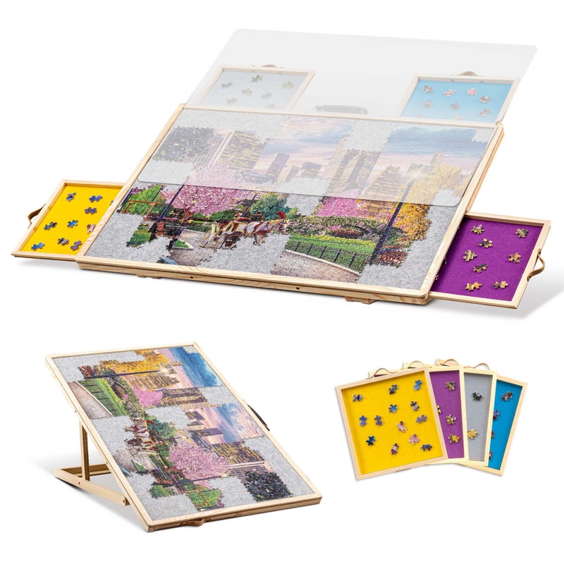 Tektalk Convertible Jigsaw Puzzle Board, Two-Way Use Adjustable Puzzle Table with Cover & 4 Colored Sorting Drawers, Tilting Wooden Plateau, for Up to 1000 Pieces - Gray - Image 1