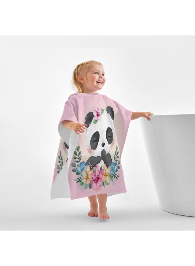 Kids Microfiber Quick-Dry Hooded Poncho Towel, Pink Watercolor Floral Panda, for Beach Pool Bath - Image 2
