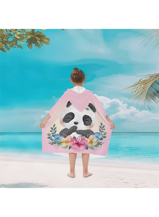 Kids Microfiber Quick-Dry Hooded Poncho Towel, Pink Watercolor Floral Panda, for Beach Pool Bath - Image 4