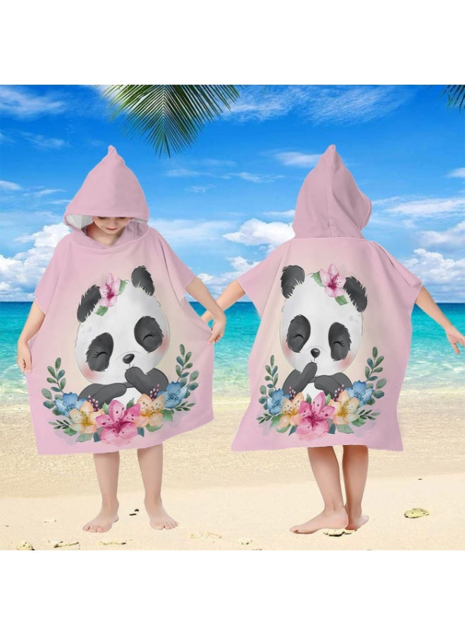 Kids Microfiber Quick-Dry Hooded Poncho Towel, Pink Watercolor Floral Panda, for Beach Pool Bath - Image 3