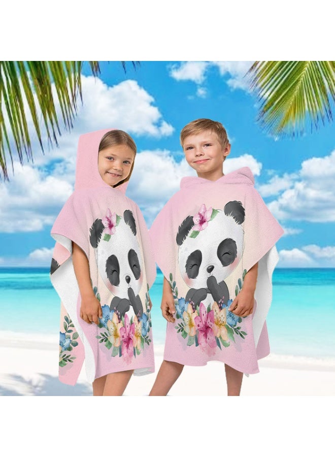 Kids Microfiber Quick-Dry Hooded Poncho Towel, Pink Watercolor Floral Panda, for Beach Pool Bath - Image 1