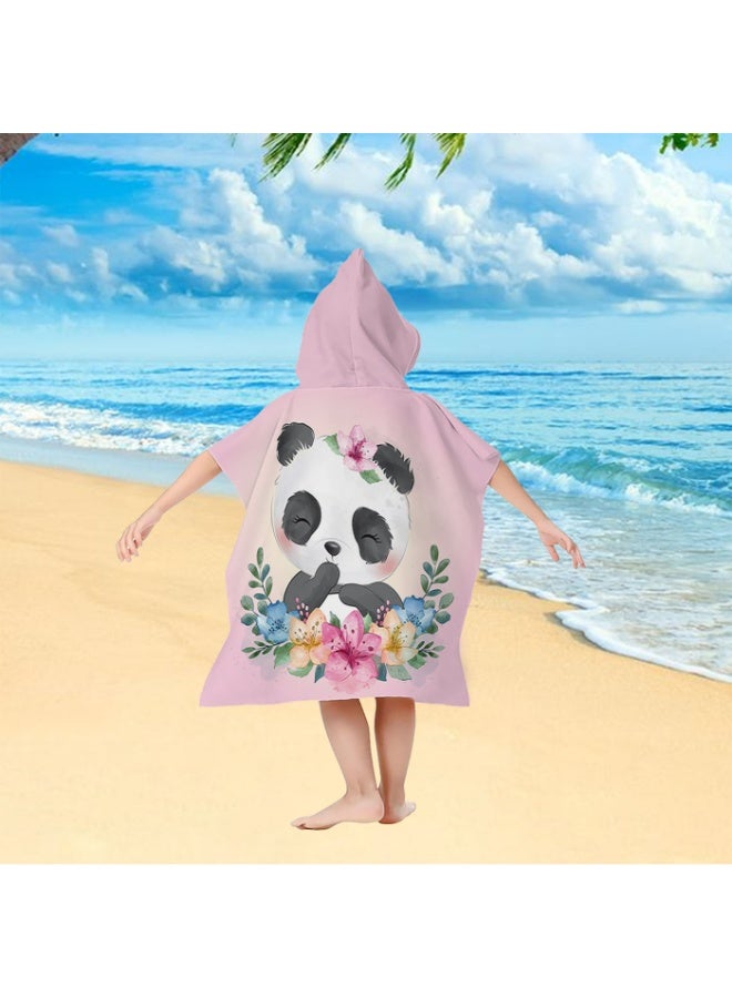 Kids Microfiber Quick-Dry Hooded Poncho Towel, Pink Watercolor Floral Panda, for Beach Pool Bath - Image 5