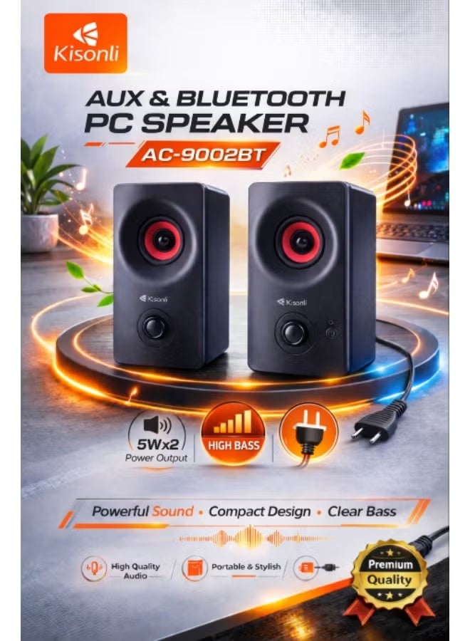 Kisonli AC-9002BT AUX & Bluetooth PC Speaker 5W x2 Stereo Desktop Speaker with Deep Bass, AUX Input & Plug and Play Support - Black - Image 1