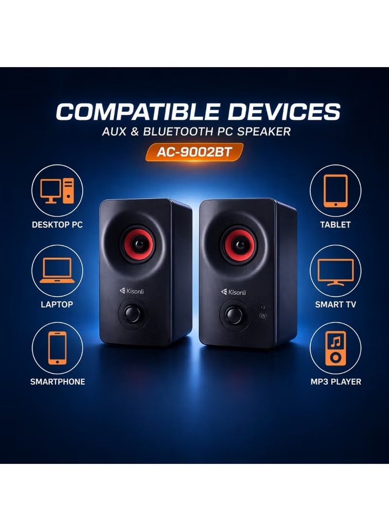 Kisonli AC-9002BT AUX & Bluetooth PC Speaker 5W x2 Stereo Desktop Speaker with Deep Bass, AUX Input & Plug and Play Support - Black - Image 2
