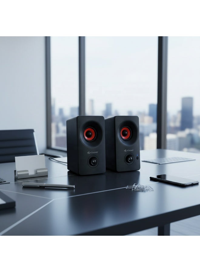 Kisonli AC-9002BT AUX & Bluetooth PC Speaker 5W x2 Stereo Desktop Speaker with Deep Bass, AUX Input & Plug and Play Support - Black - Image 5