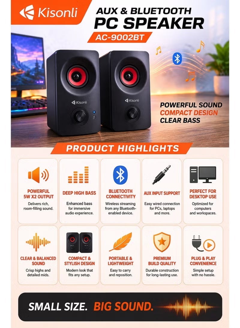 Kisonli AC-9002BT AUX & Bluetooth PC Speaker 5W x2 Stereo Desktop Speaker with Deep Bass, AUX Input & Plug and Play Support - Black - Image 3
