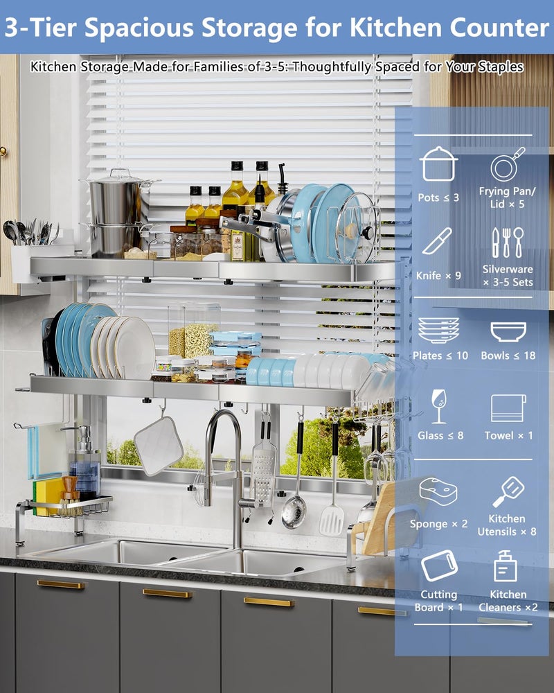LIONONLY 3 Tier Extra Large Over The Sink Dish Drying Rack, Expandable Stainless Steel Dish Drainer with Multifunctional Organizer, Space-Saving Above Sink Dish Rack with Large Capacity for Kitchen Counter - Image 3