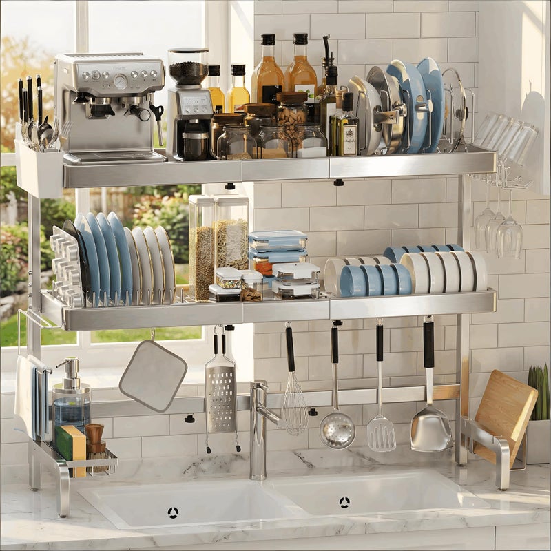 LIONONLY 3 Tier Extra Large Over The Sink Dish Drying Rack, Expandable Stainless Steel Dish Drainer with Multifunctional Organizer, Space-Saving Above Sink Dish Rack with Large Capacity for Kitchen Counter - Image 1