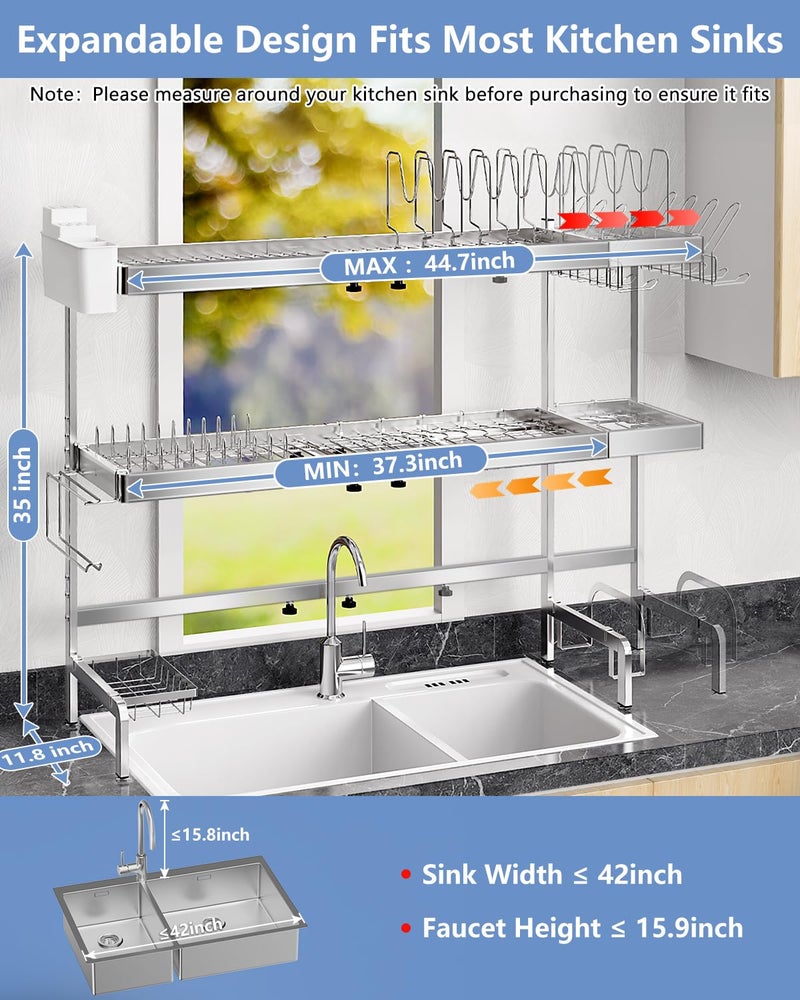 LIONONLY 3 Tier Extra Large Over The Sink Dish Drying Rack, Expandable Stainless Steel Dish Drainer with Multifunctional Organizer, Space-Saving Above Sink Dish Rack with Large Capacity for Kitchen Counter - Image 2